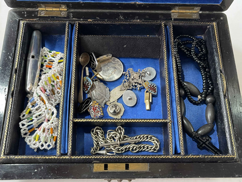 19th Century walnut jewellery box and contents and two antique glass frames.