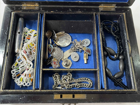 19th Century walnut jewellery box and contents and two antique glass frames. thumbnail