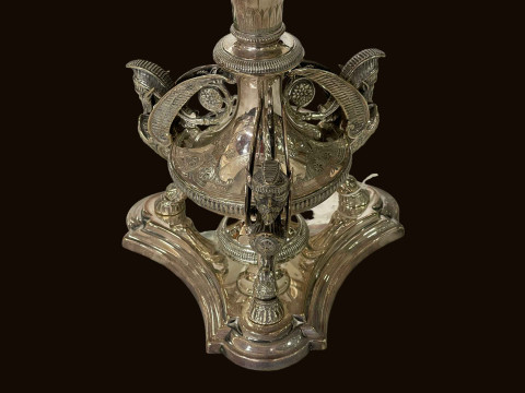 Victorian electroplate centre piece with winged mask supports and engraved glass bowl, 24cm high. thumbnail