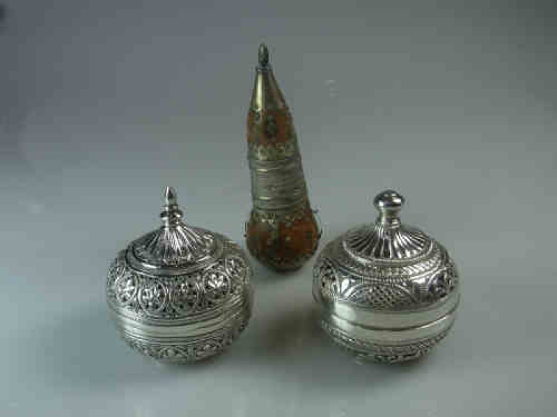 Two Middle Eastern 800 grade Silver Pierced Covered Cups (or incense burners) Omani, together with an Eastern Powder Flask (3), 13 Troy oz.