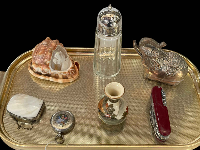 Continental silver and enamel fob watch, carved cameo shell, mother of pearl coin purse, Satsuma vase, caster, knife, etc.