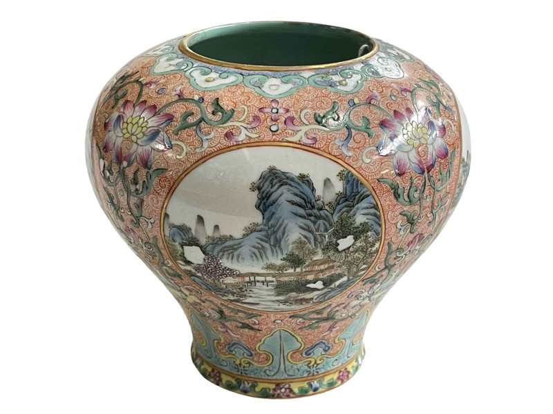 Chinese famille rose vase decorated with landscape panels, Quinlong mark to base, 13cm.