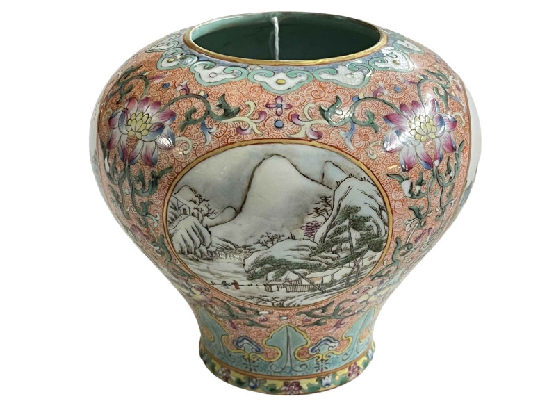Chinese famille rose vase decorated with landscape panels, Quinlong mark to base, 13cm.