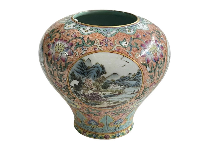 Chinese famille rose vase decorated with landscape panels, Quinlong mark to base, 13cm.