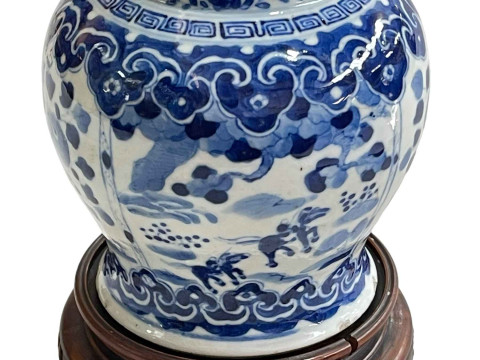 Chinese porcelain blue and white vase on wood stand decorated with horses and riders in landscape, Kangxi mark, 15cm. thumbnail