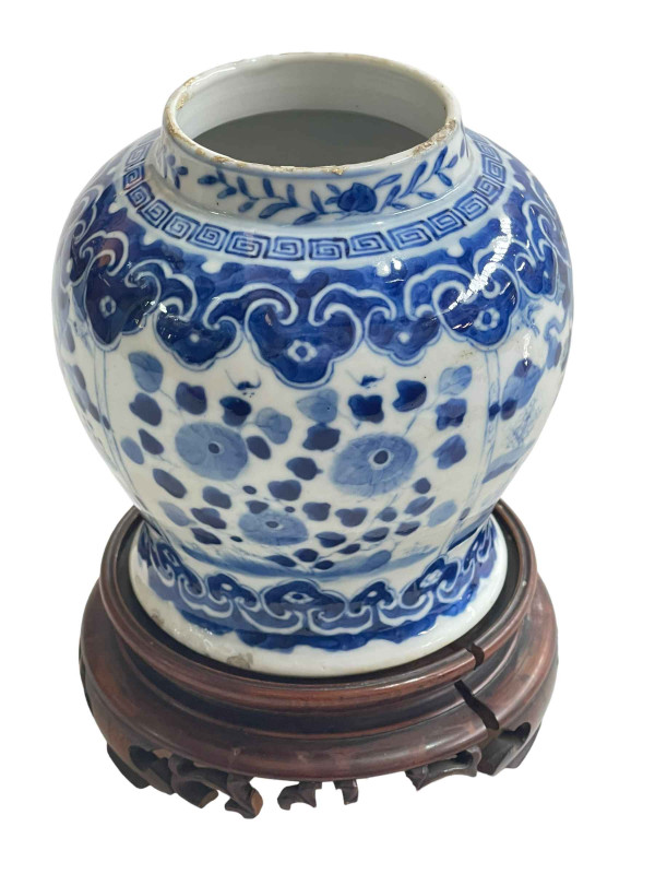 Chinese porcelain blue and white vase on wood stand decorated with horses and riders in landscape, Kangxi mark, 15cm.