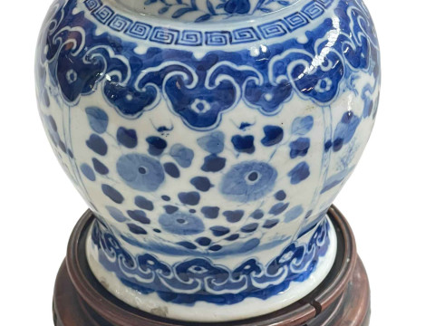 Chinese porcelain blue and white vase on wood stand decorated with horses and riders in landscape, Kangxi mark, 15cm. thumbnail