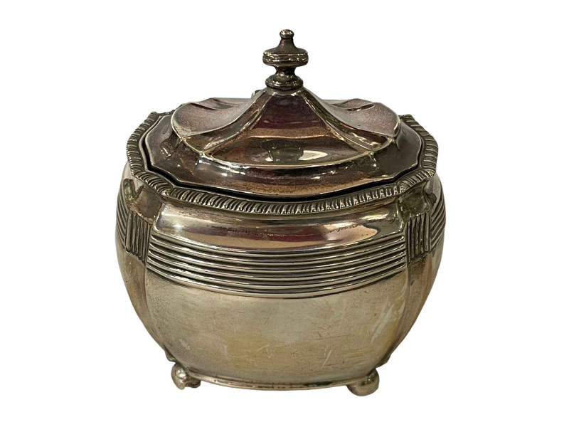 Victorian silver caddy on ball feet, London 1894.