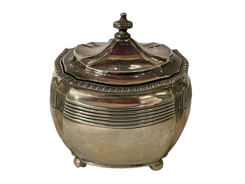 Victorian silver caddy on ball feet, London 1894.