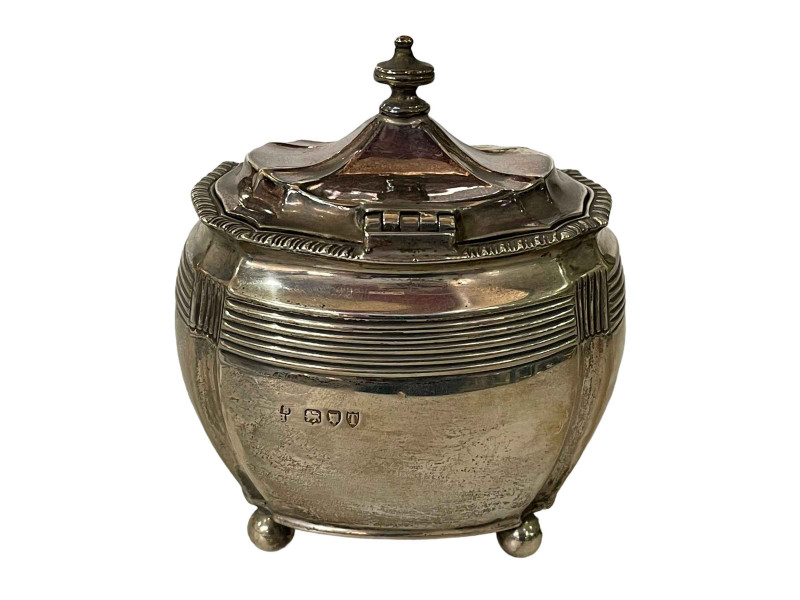 Victorian silver caddy on ball feet, London 1894.