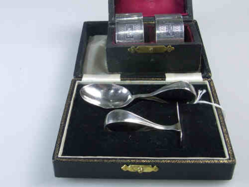 Pair of Silver Napkin Rings, cased, monogrammed, Silver Spoon and Pusher