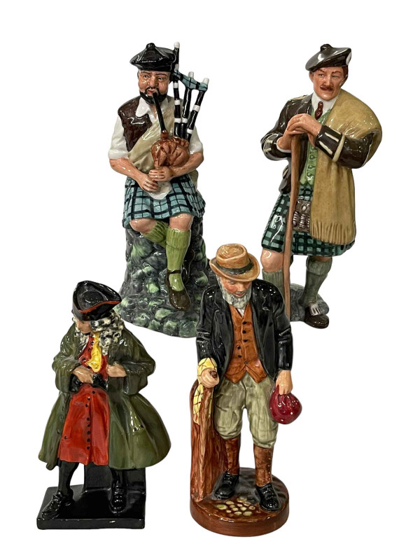 Four Royal Doulton figures, The Laird HN2361, A Highwayman Beggars Opera HN527, The Piper HN2907, and The Gaffer HN2053.