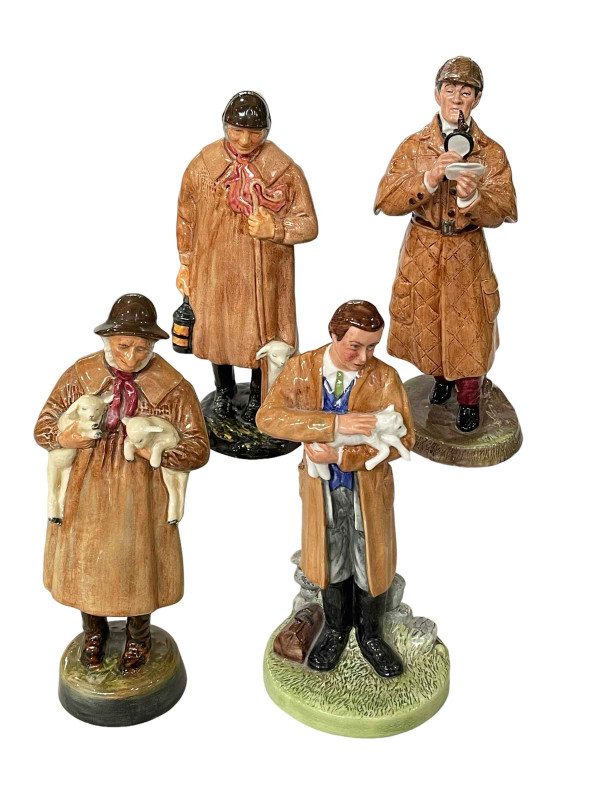 Four Royal Doulton figures, The Detective HN2359, The Shepherd HN1975, Country Veterinary HN4650, and Lambing Time HN1890.