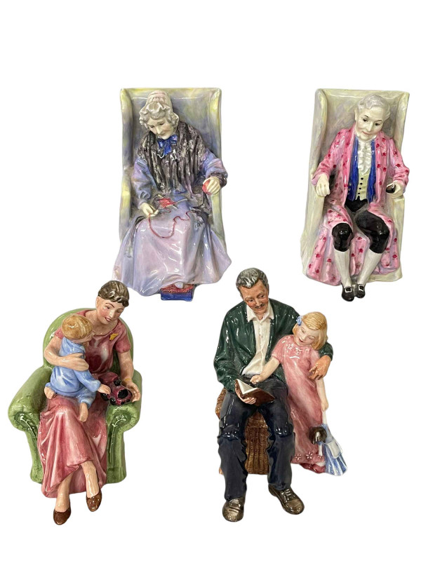 Four Royal Doulton figures, Darby HN1427 and Joan HN1422, Grandpa's Story HN3456, and When I Was Young HN3457.