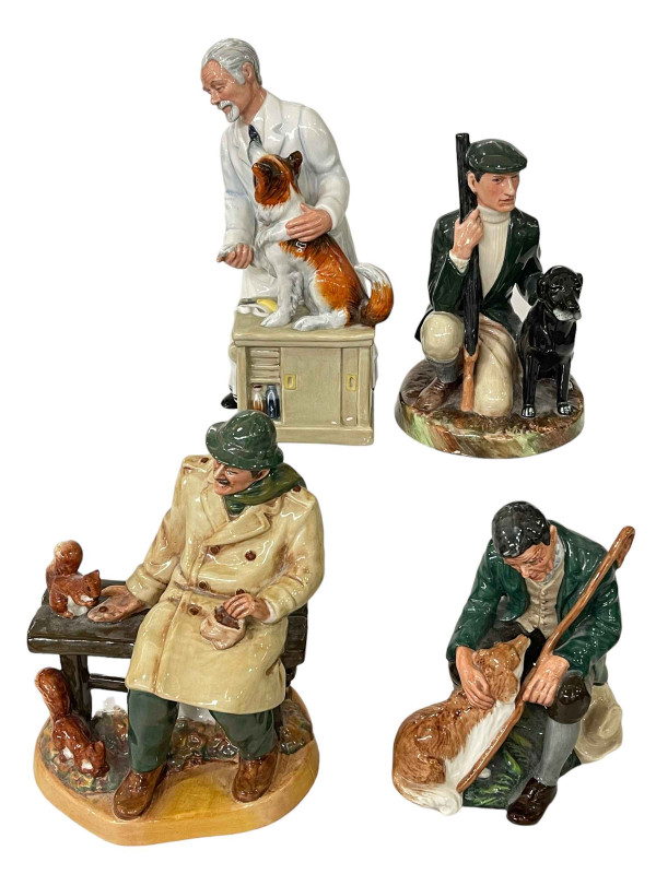 Four Royal Doulton groups, The Gamekeeper HN2879, The Master HN2325, Lunchtime HN2485, and Thanks Dog HN2731.