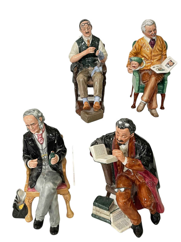 Four Royal Doulton figures, The Doctor HN2858, Pride and Joy HN2945, The Professor HN2181, and The Bachelor HN2319.