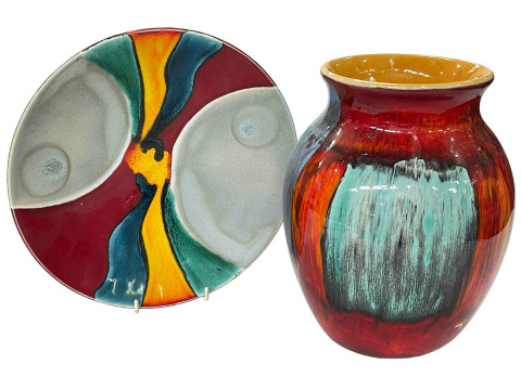 Poole Pottery abstract vase, 24.5cm and a dish (2).