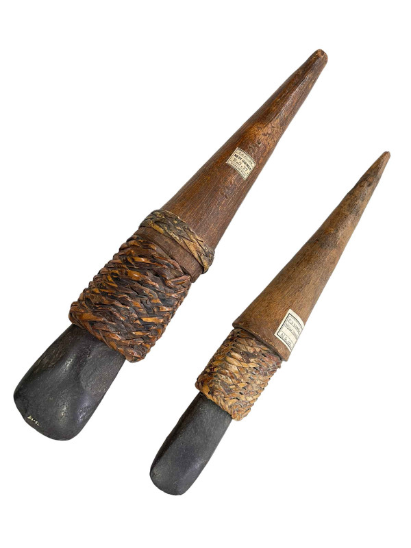 Two Papua New Guinea Adzes, both with collectors label F S Clark, New Guinea Collection, longest 34.5cm.