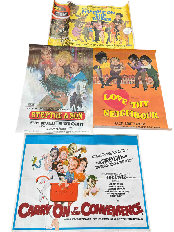Four 1970's posters, 'Love Thy Neighbour', 'Mutiny on the Buses', 'Carry on at Your Convenience' and 'Steptoe & Son', approx sizes 75cm by 100cm.