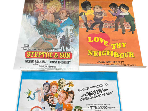 Four 1970's posters, 'Love Thy Neighbour', 'Mutiny on the Buses', 'Carry...