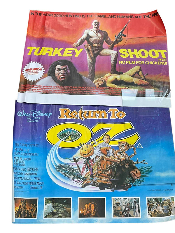 Four original British Quad film posters, Freaky Friday, Letter to Breztinev, Return to Oz and Turkey Shoot, all 30 by 40 inches.