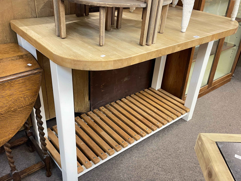 Oak and painted kitchen work table, 89cm by 128cm by 68cm.