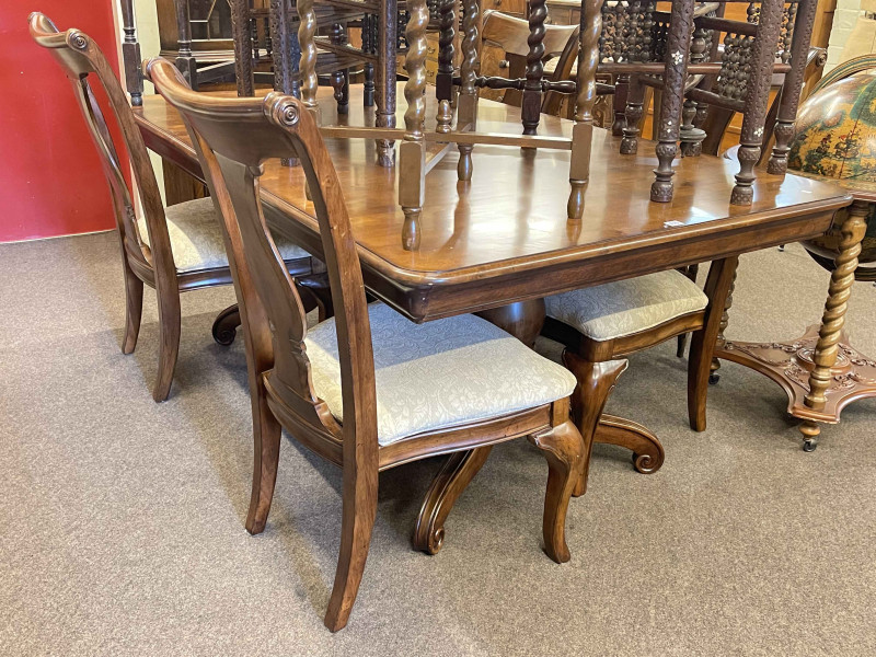 Furniture Village Madison twin pedestal extending dining table and two leaves, four dining chairs and astragal glazed top four door corner cabinet (6).