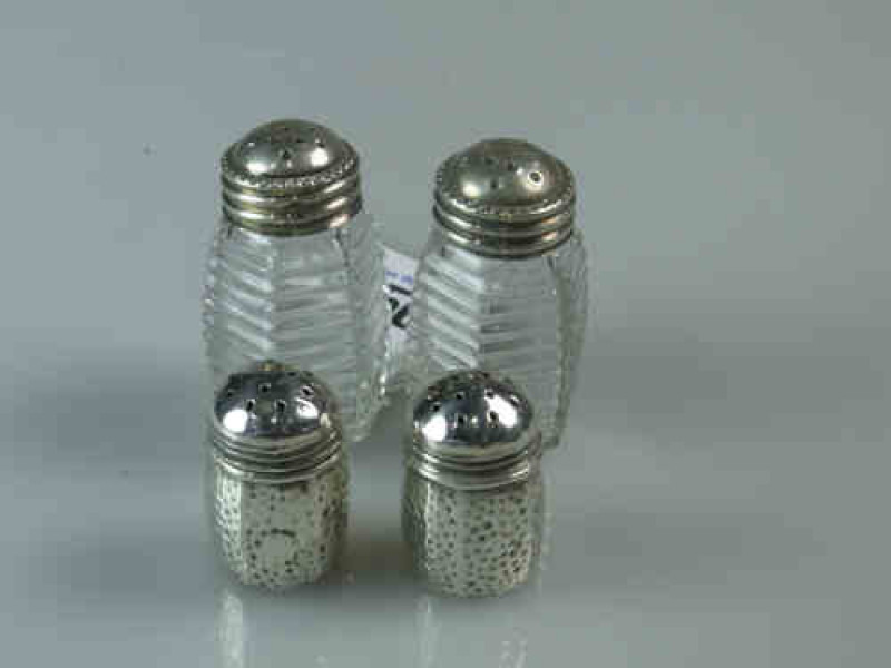Pair of American Sterling Silver Condiments and a Pair of Moulded Glass Condiments