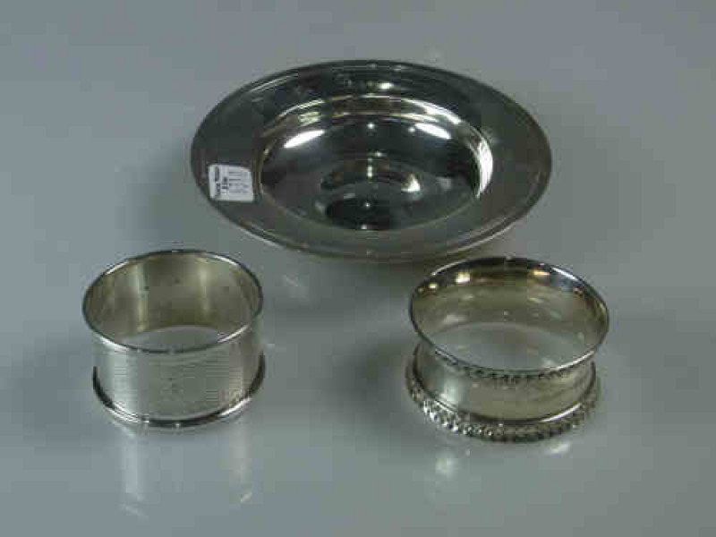 Silver Bowl, London 1964, RC and Two Silver Napkin Rings, 4.15 Troy oz.