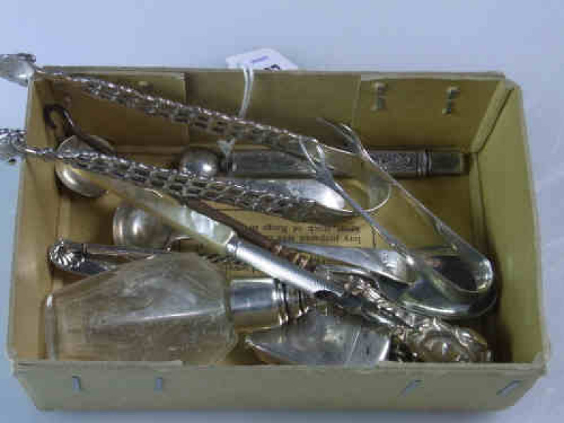 Pair of Georgian Openwork Silver Sugar Tongs, Silver Vesta Case, Spoons etc.
