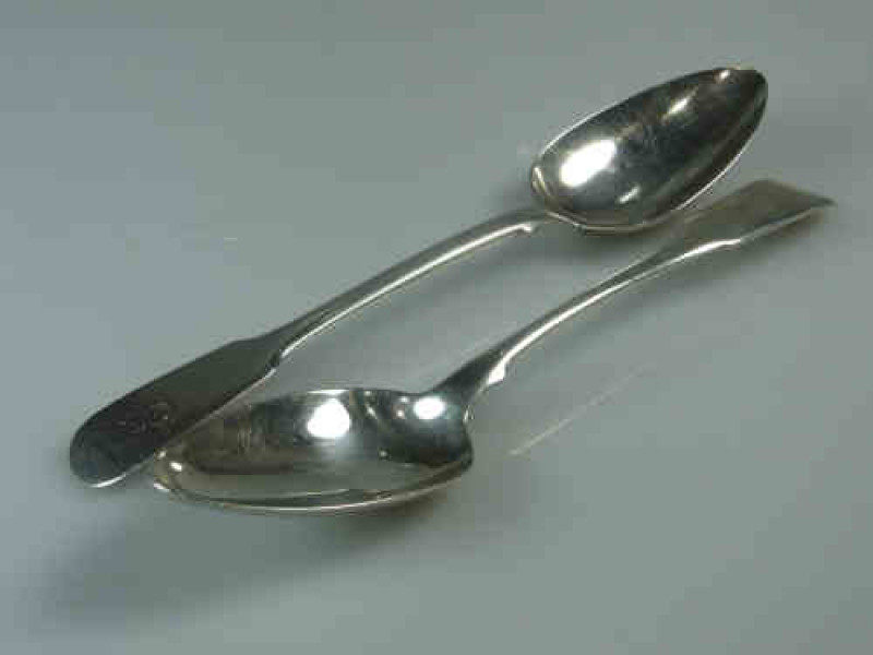 Two Fiddle Pattern Silver Serving Spoons, James Beebe, London 1808 and 1829, 4.18 Troy oz.
