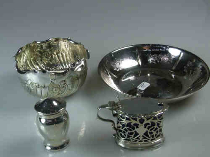 Silver Mustard, Silver Pepper Pot, Pair of Silver Salt Spoons and Two Silver-plated Bowls (6)