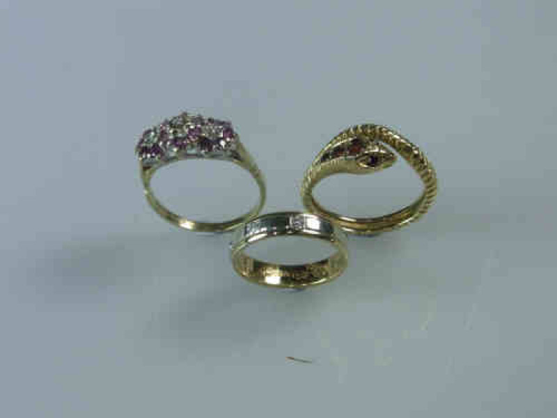 Three 9 carat Gold Rings including serpent with garnet set head and eyes