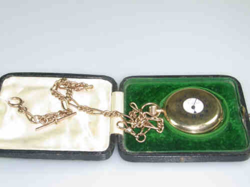 Jamieson & Son, Aberdeen, a 9ct Gold Half Hunter Pocket Watch, Birmingham 1925; With a 9ct Gold Curb Link Watch Chain, Chester 1909, Chain 39 grams, Watch 85 grams