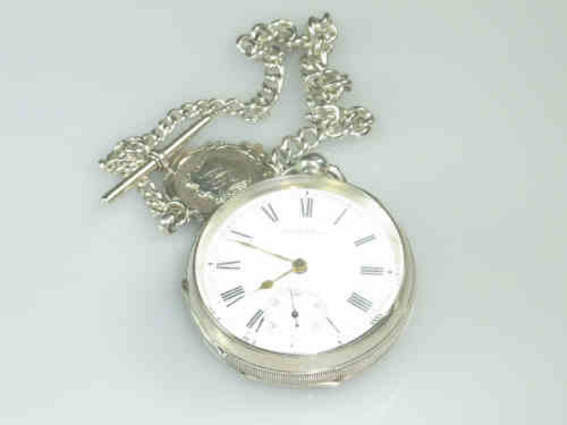 Late Victorian Silver Pocket Watch, Birmingham 1891, Waltham Watch Co. in Good Working Order; And a Silver Watch Chain with Fob