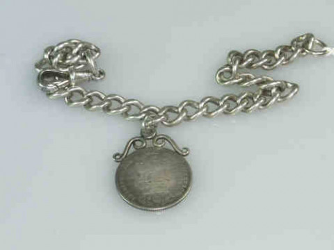Silver Watch Chain Bracelet with George IV Scroll Top Shilling Attached