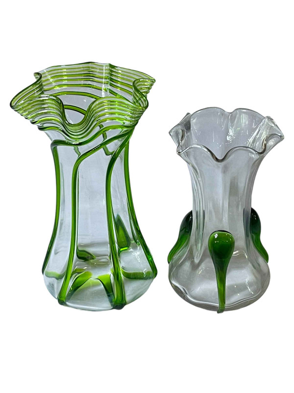 Two Stuart & Sons of Stourbridge slip trailed glass vases.