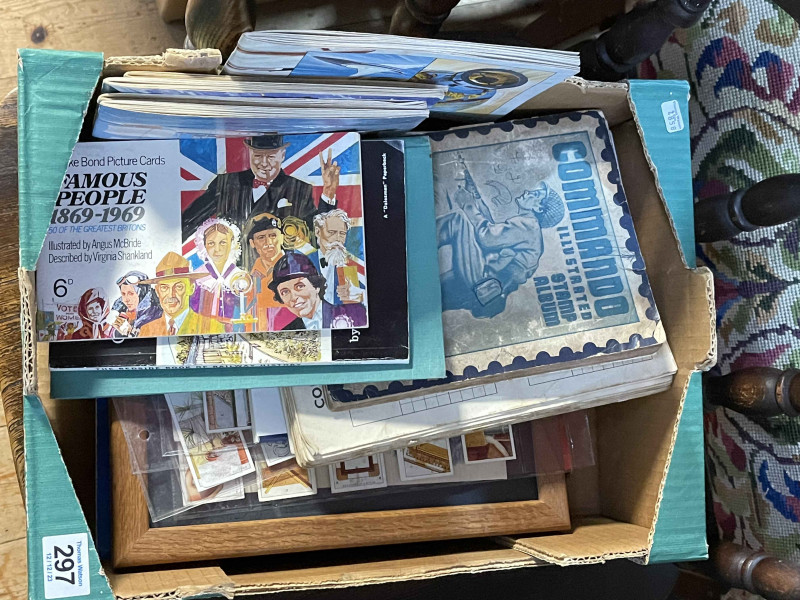 Box of stamps and albums, cigarette cards, etc.