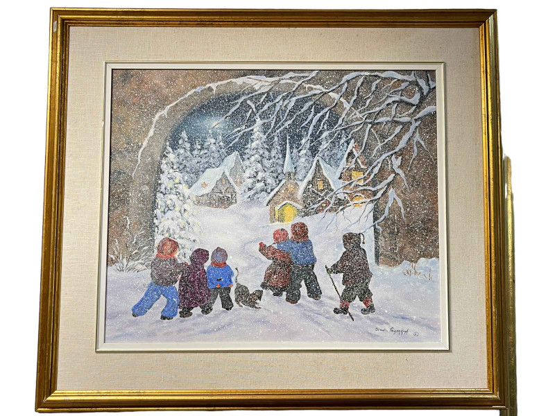 Ursula Pagenkopf (Canadian), Children in Winter Landscape, acrylic on canvas, 50cm by 60cm, framed.