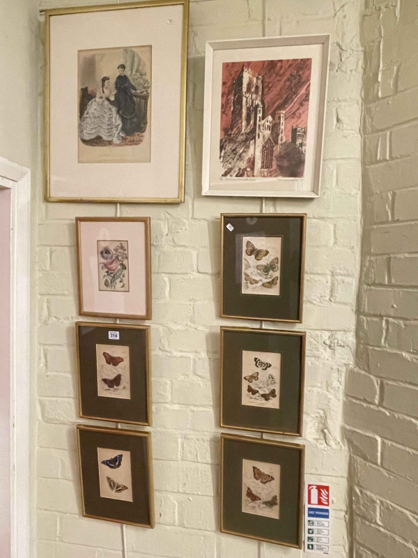Five small framed butterfly prints and three other pictures.