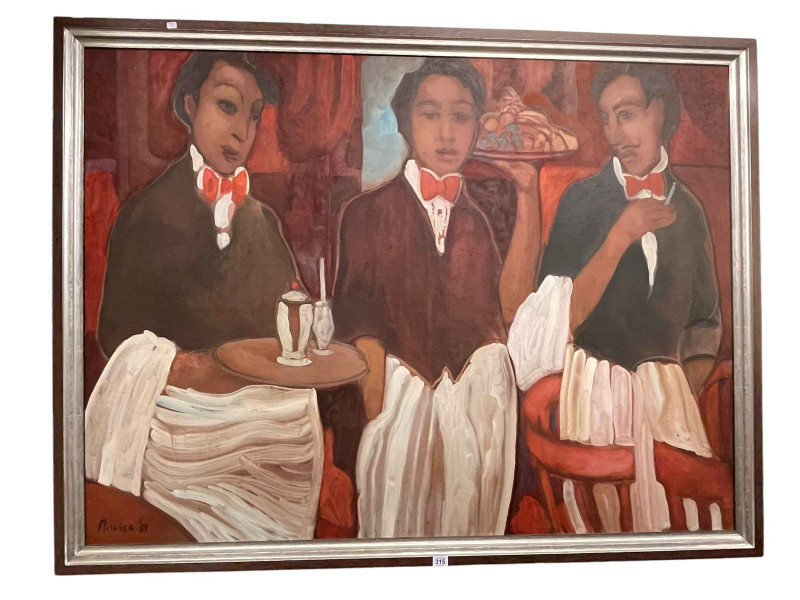 Robert Plisnier (Belgian b1951), The Three Waiters, oil painting, 100cm by 135cm. *Artists Resale Royalty Charge (ARR) may apply to this lot*