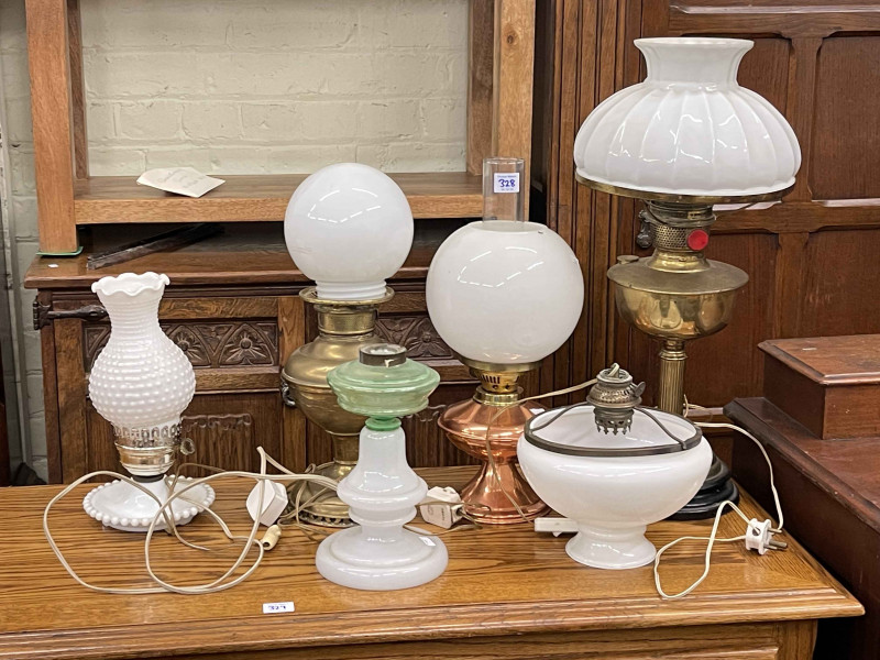 Victorian four drawer chest, oak hall wardrobe, two 19th Century toilet mirrors, Victorian oval inlaid walnut loo table, set of six Victorian mahogany bar back dining chairs, rug, five various lamps, Victorian glass oil lamp base, brass trivet and Adderley's bone china table service.