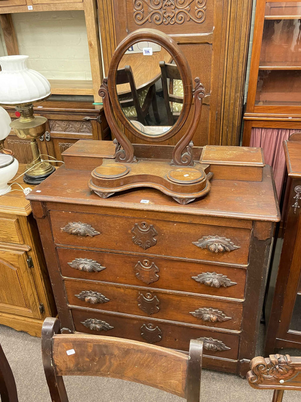 Victorian four drawer chest, oak hall wardrobe, two 19th Century toilet mirrors, Victorian oval inlaid walnut loo table, set of six Victorian mahogany bar back dining chairs, rug, five various lamps, Victorian glass oil lamp base, brass trivet and Adderley's bone china table service.