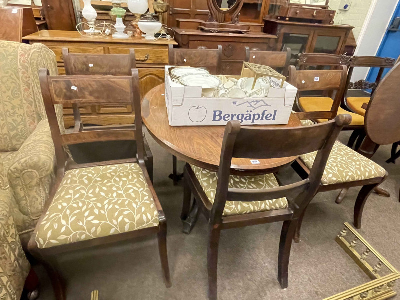 Victorian four drawer chest, oak hall wardrobe, two 19th Century toilet mirrors, Victorian oval inlaid walnut loo table, set of six Victorian mahogany bar back dining chairs, rug, five various lamps, Victorian glass oil lamp base, brass trivet and Adderley's bone china table service.