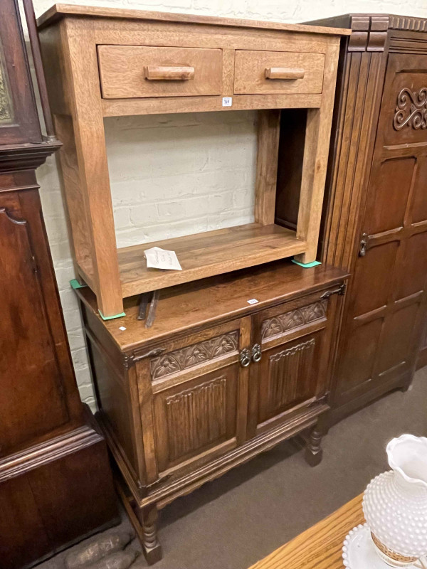 Old Charm carved oak two door cabinet, two drawer console table and oak finish three door sideboard (3).