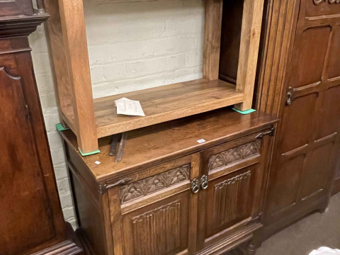 Old Charm carved oak two door cabinet, two drawer console table and oak finish three door sideboard (3). thumbnail