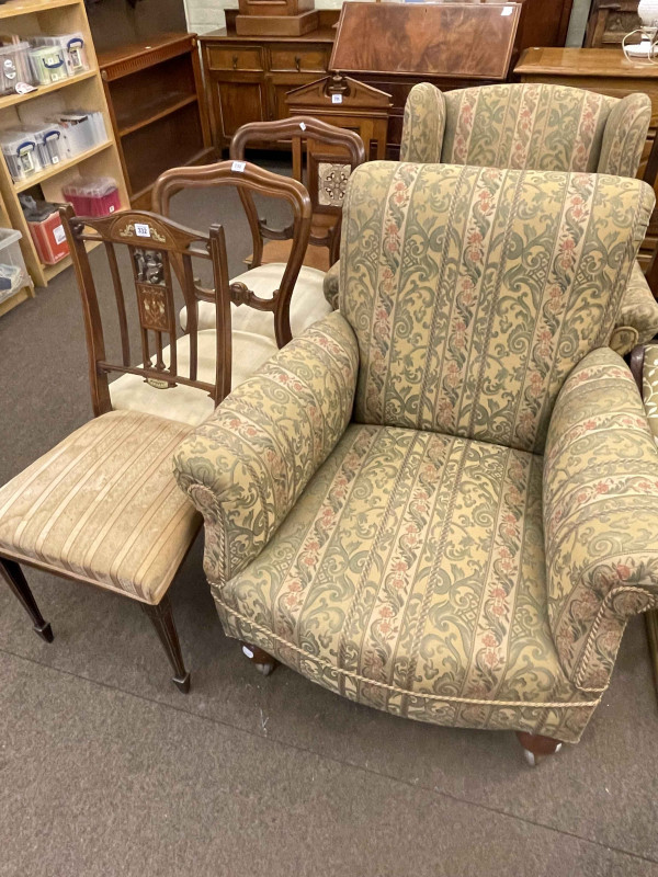 Mahogany three drawer bureau, Victorian tiled back hall chair, inlaid rosewood bedroom chair and pair Victorian parlour chairs, along with Pair early 20th Century ladies and gents chairs in classical floral pattern fabric.