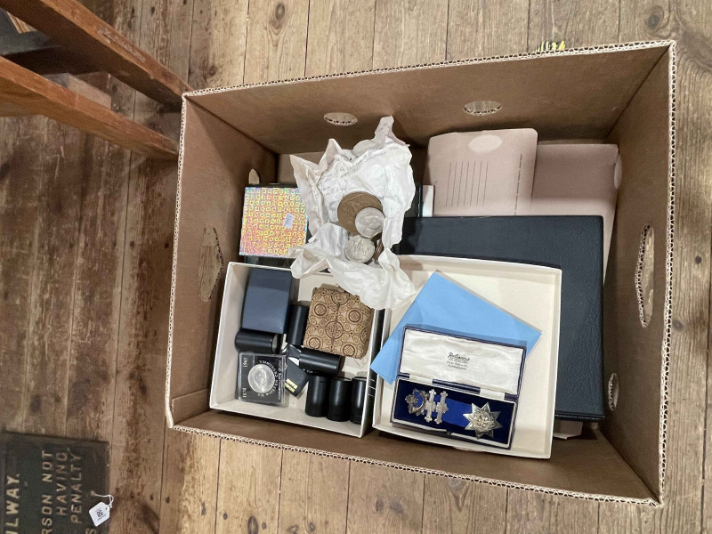 Collection of schoolboy commonwealth stamps, coins (inc pre 1947), silver and enamel masonic jewel in box, catalogue, ephemera, etc.