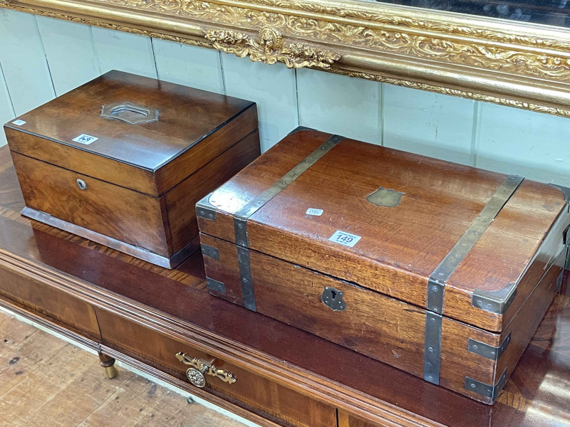 Mahogany and brass writing slope and a sewing box housing costume jewellery.
