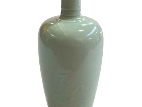 Chinese Celadon china vase with raised dragon decoration, six character Kangxi mark to base, 21cm. thumbnail